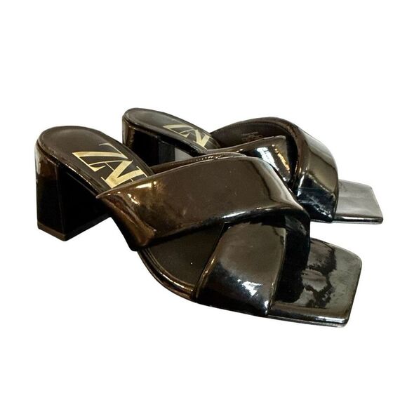 Zara black patent block heel sandals size 6 - Picture 1 of 12